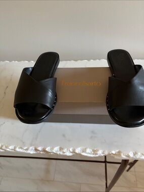 Franco Sarto Black Leather Crossover Slide Mules